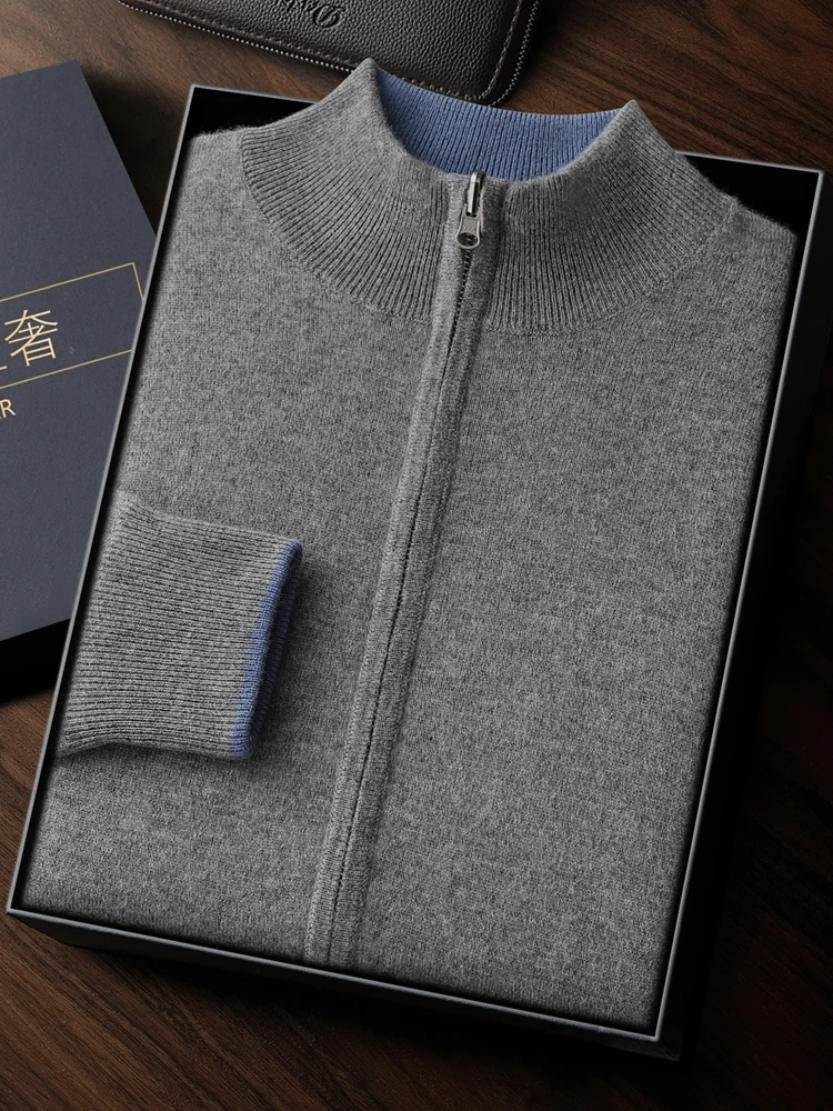 Business Men's Two-Sided Zipped Cardigan Mock Neck Thick 100% Cashmere Sweater Autumn Winter Warm Soft Casual Loose Clothing Top
