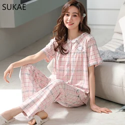 M-3XL Pjs Cute Pijama Girl Leisure Sleepwear Fashion Plaid Cardigan Pajamas Set for Woman Summer Breathable Cotton Kawaii Pajama