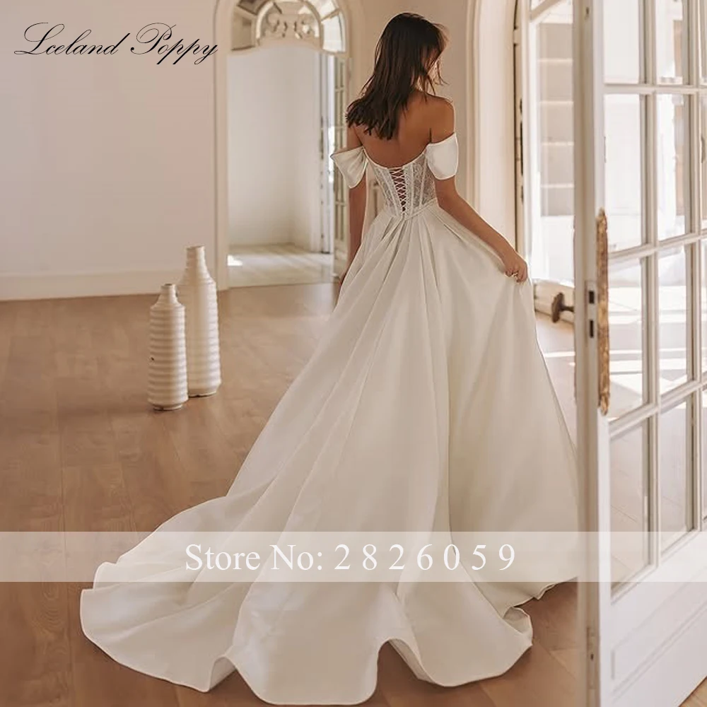 Lceland Poppy Customized A Line Boat Neck Satin Wedding Dresses Floor Length Illusion Lace Bridal Gowns with Court Train