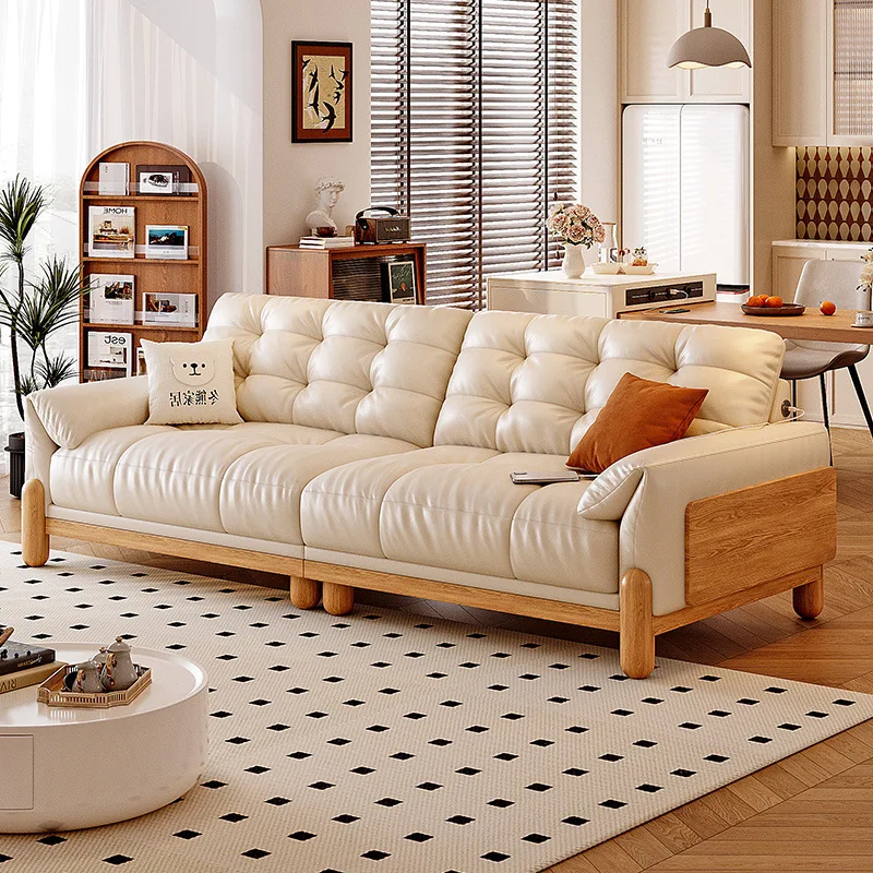 DSA solid wood cream-style sofa for small living room apartments, adjustable large seat, deep leather sofa