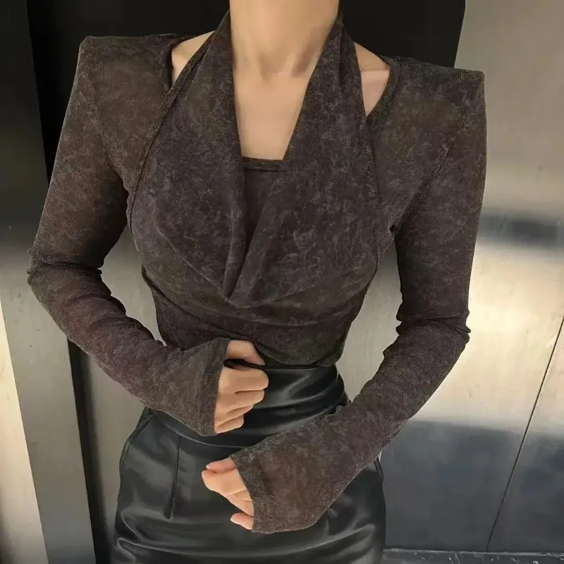 

Fashionable and Simple Halter Neck Long-sleeved Shirt Women's Slim and Versatile Top