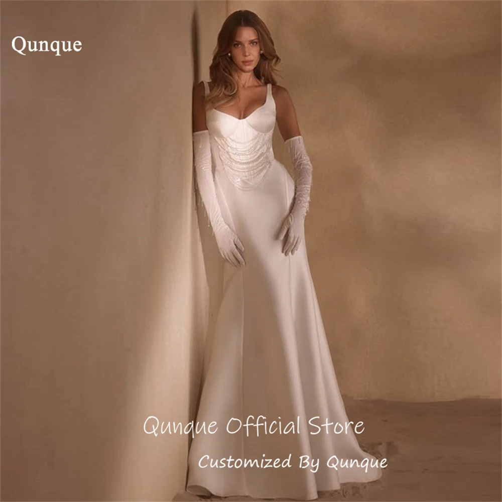 

Qunque Layered Pearl Beaded Satin Wedding Dress A Line Civil Bridal Gown Spaghetti Straps Long Vestido De Novia Boda Customized