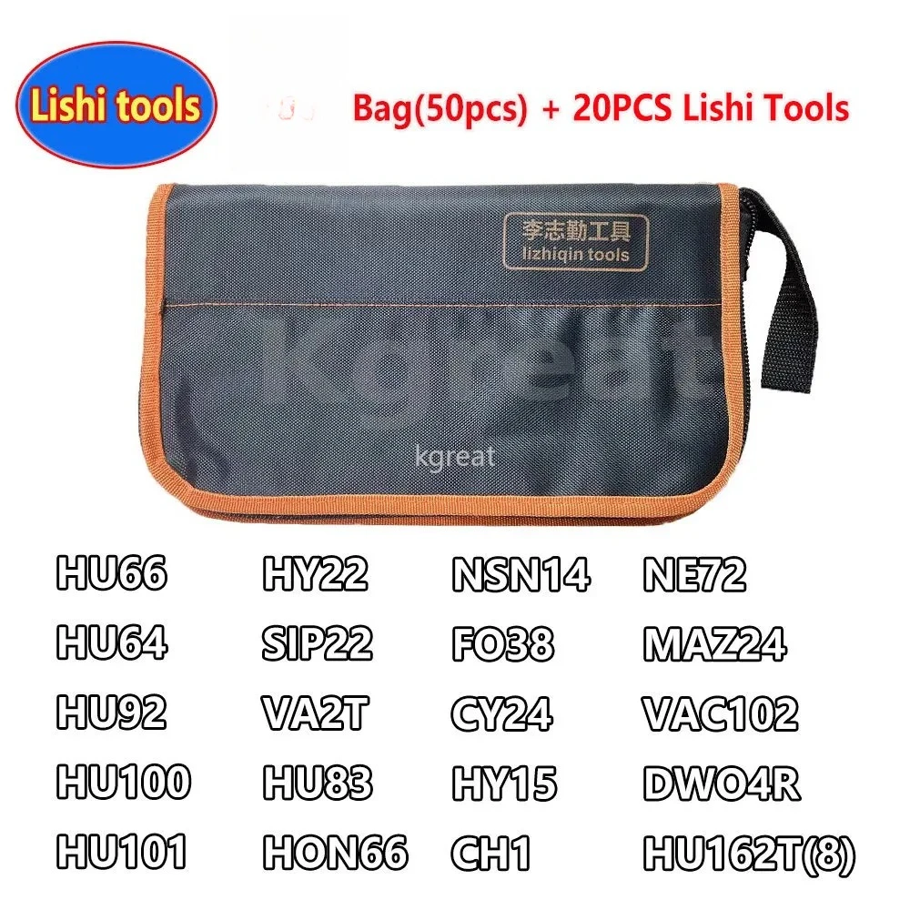 20 piezas/juego de herramientas Lishi 2 en 1 con bolsa de 50 Uds HU64 HU66 HU92 HU100 HU101 HY22 SIP22 VA2T HU83 HON66 NSN14 FO38 CY24 HY15 CH1 DWO4R