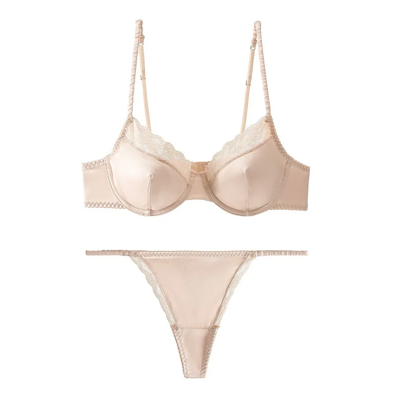 

Bohemian Elastic Satin Lace Bra Set, Fixed Double Shoulder Straps, Sexy 1/2 Cup, Push Up Gathered, Full Bust Minimizer Lingerie