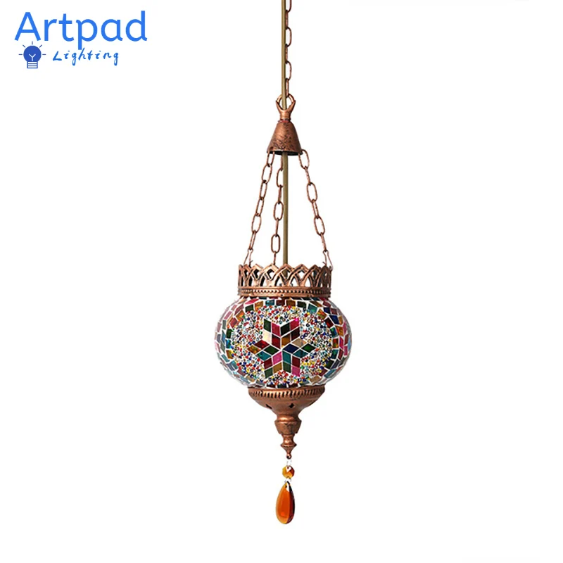 Artpad Mediterranean Style Turkish Moroccan Pendant Light Decoration Handmade Glass Shade Restaurant E27 Mosaic Hanging Lamp