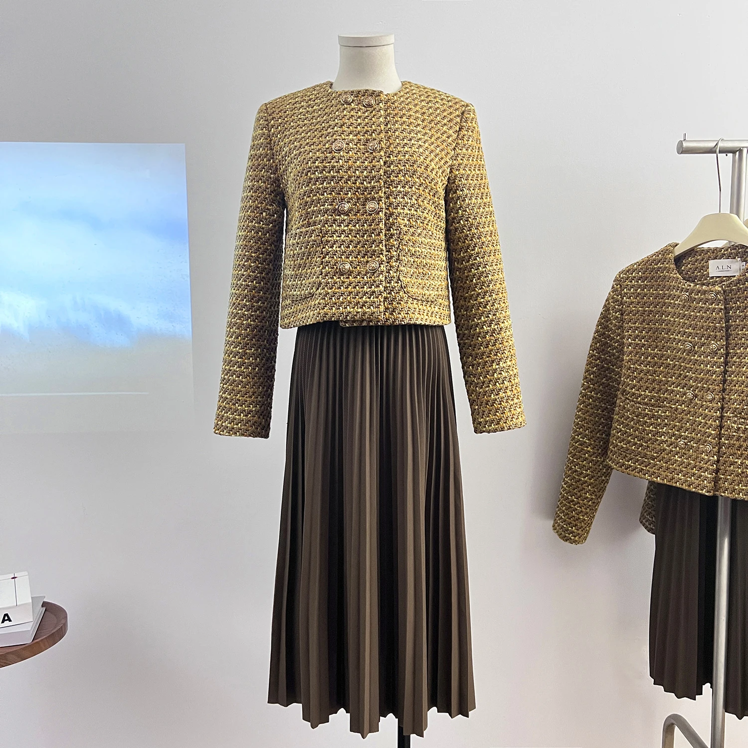 Jesień Mały Zapach Vintage Tweed Dwuczęściowy Zestaw Damski Crop Top Wełniana Krótka Kurtka Płaszcz + Plisowane Spódnice Zestawy 2-częściowe