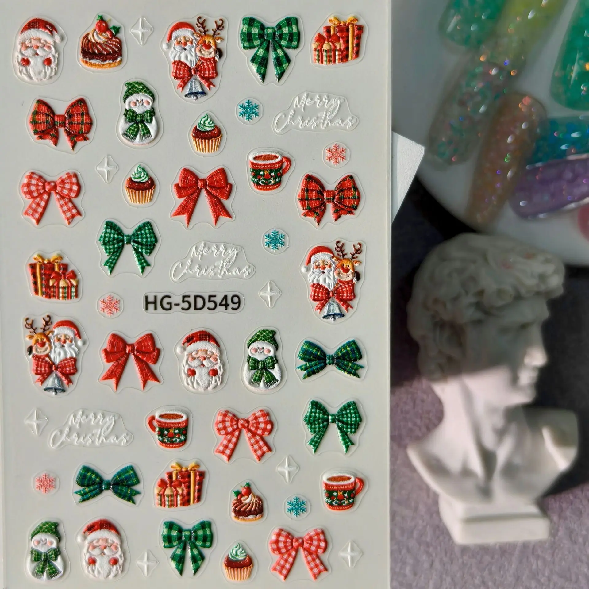 1 Set 5D Embossed Santa Nail Stickers Xmas Bowknot Self Adhesive DIY Holiday Manicure Nail Art Decor