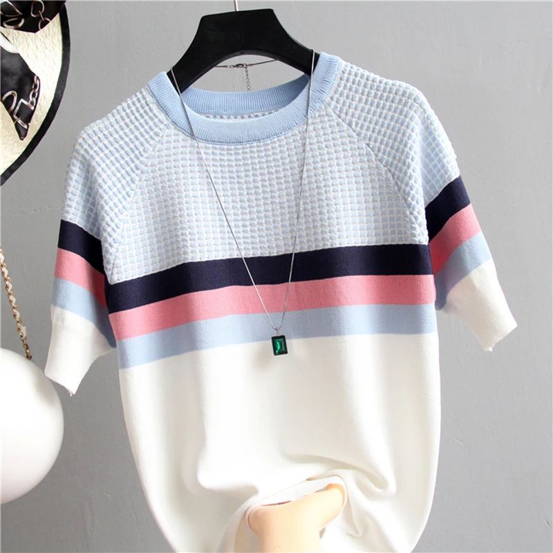 shintimes Blusas Mujer De Moda 2024 New Vintage Ladies Tops Striped Summer Blouse Pink Elasticity Short Sleeve Blue Women Blouse