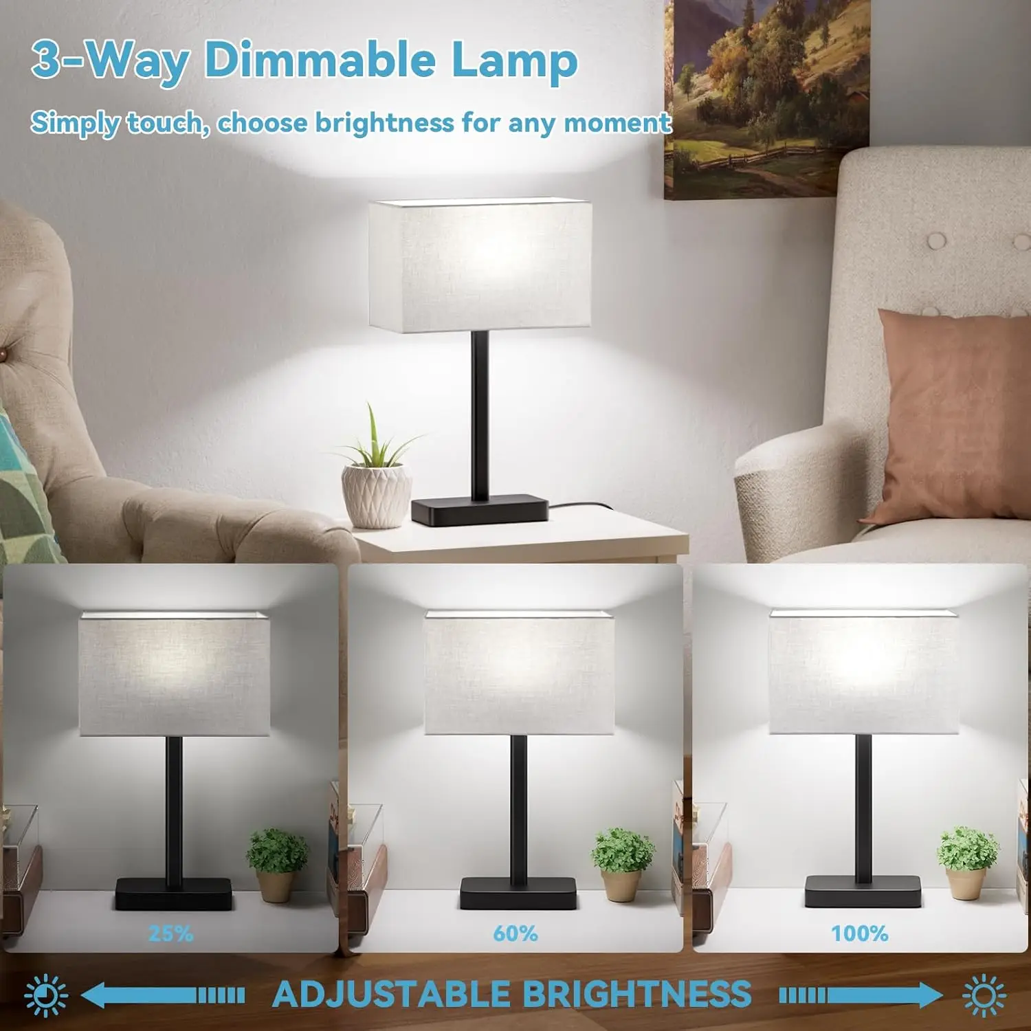 Touch Lamps for Bedroom - 3-Way Dimmable Bedside Lamps Set of 2 with USB C+A, Grey Modern Table Lamp for Night Stands - view 2