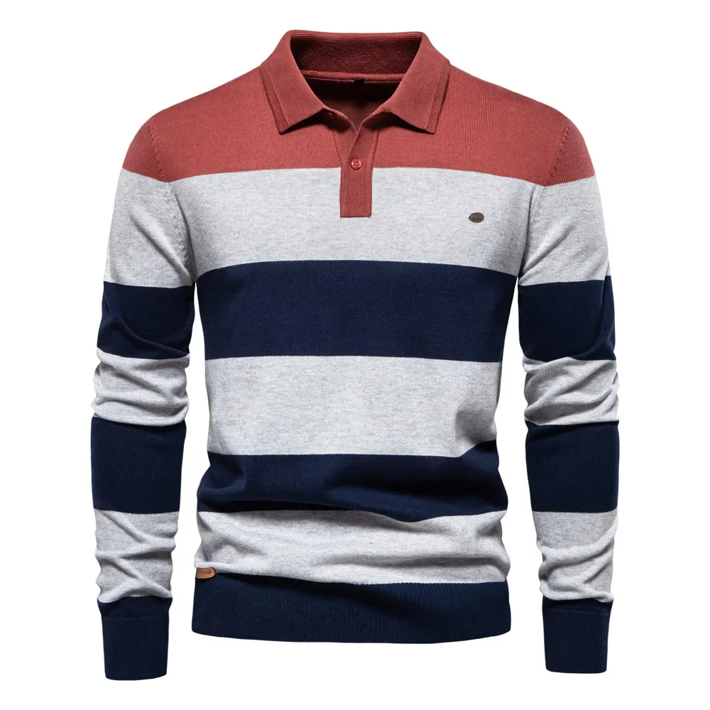 Men Polo Shirts Knit Striped Sweater Long Sleeve Jumpers Streetwear Turn Down Collar Button Sweaters Spliced Pullovers Tops