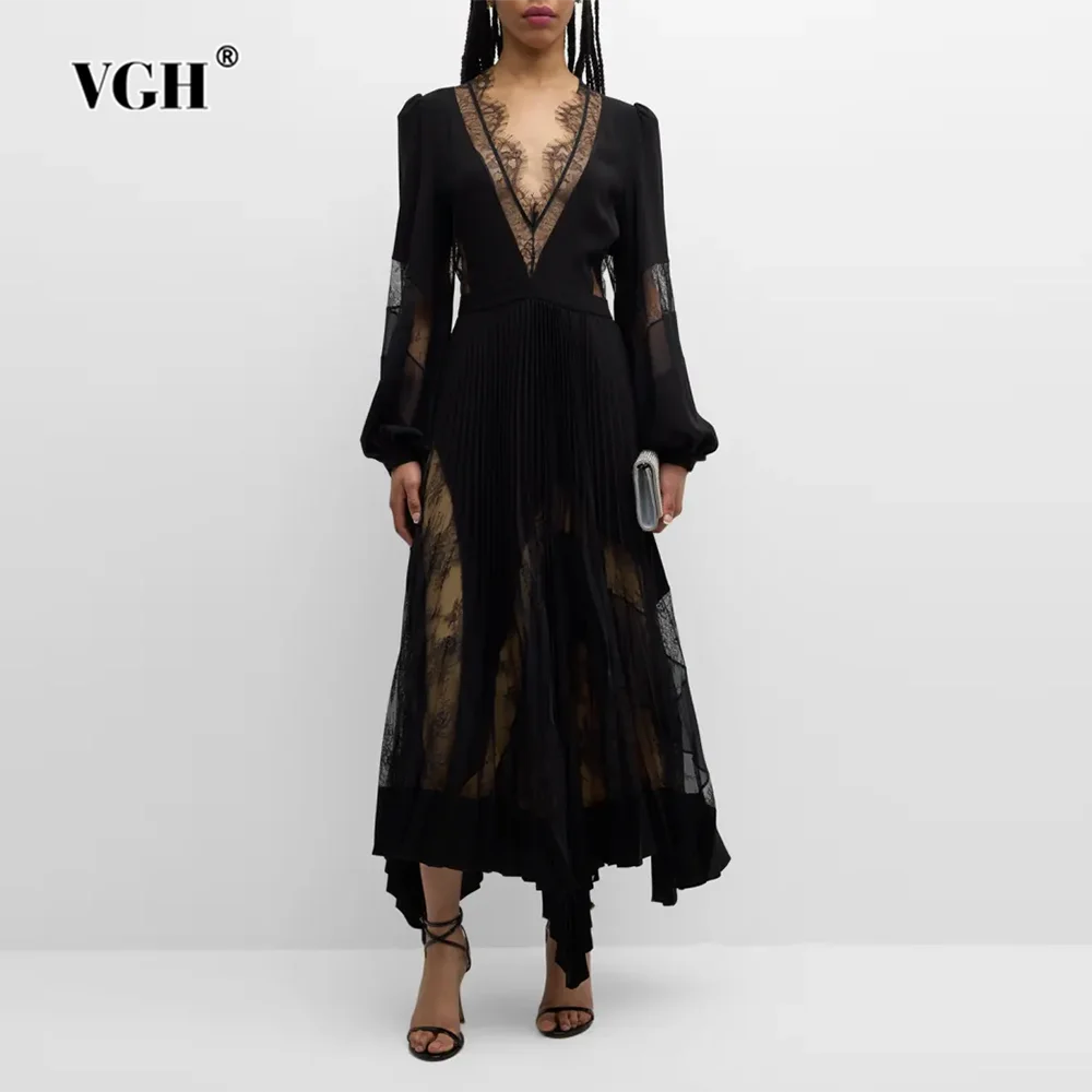 

VGH Elegant Patchwork Lace Solid Dresses For Women V Neck Long Sleeve High Waist Spliced Belt Temperament Dress Female Fashion