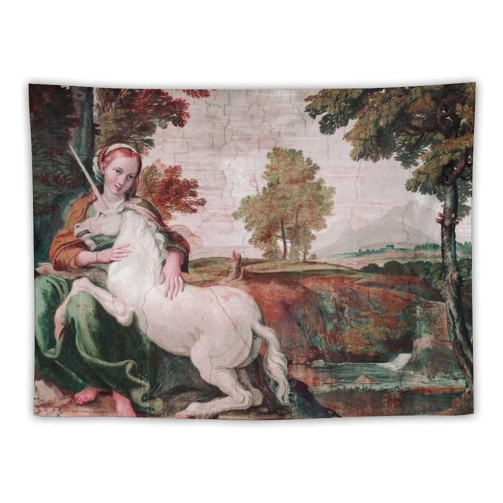 

THE MAIDEN AND THE UNICORN IN LANDSCAPE Red Green Hues Tapestry Wallpaper Wall Tapestries Tapestry