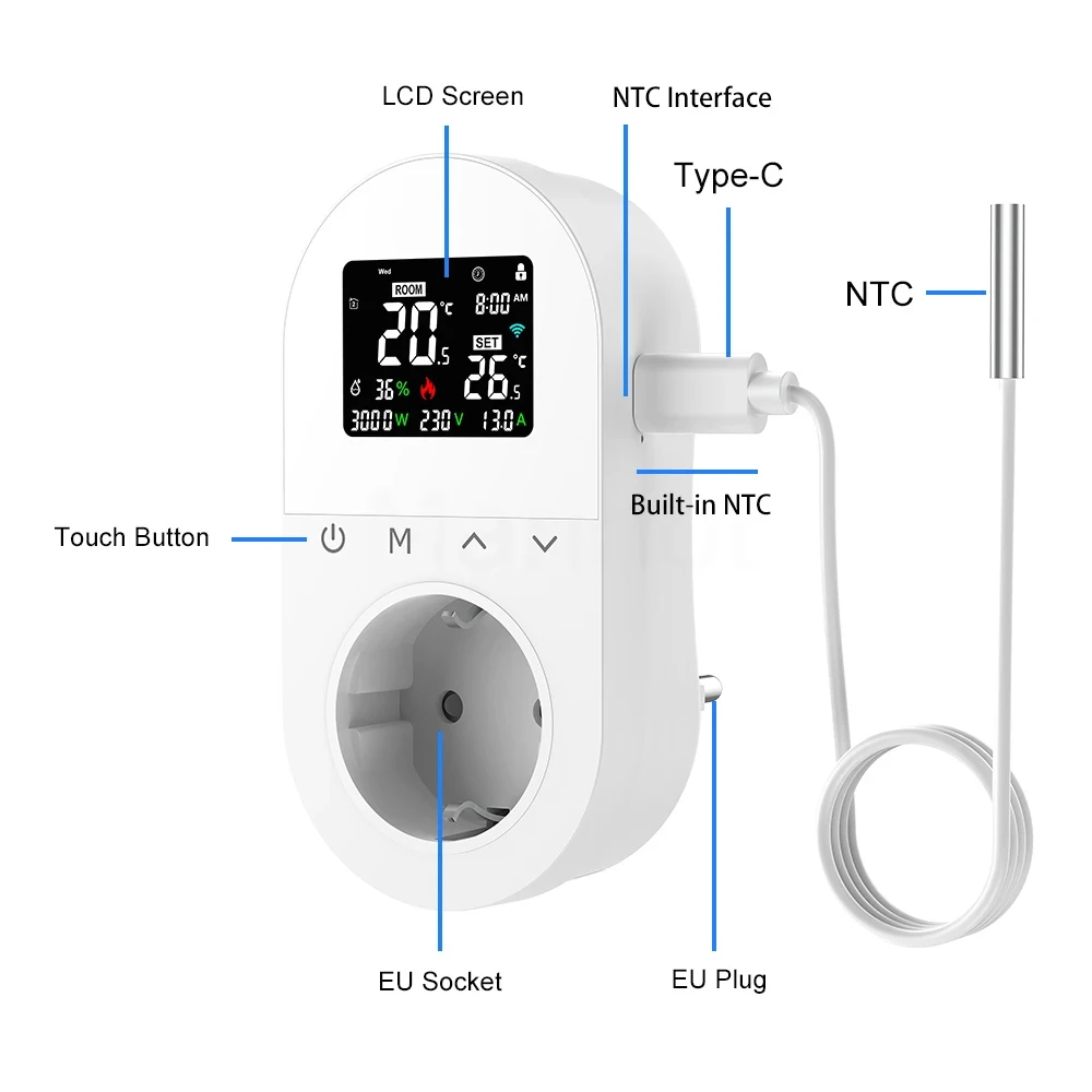 2026 Hot Sell 16A WiFi LCD Thermostat Wireless Electric Plug-in Thermostat Socket Temperature Controller Voice Control for Alexa