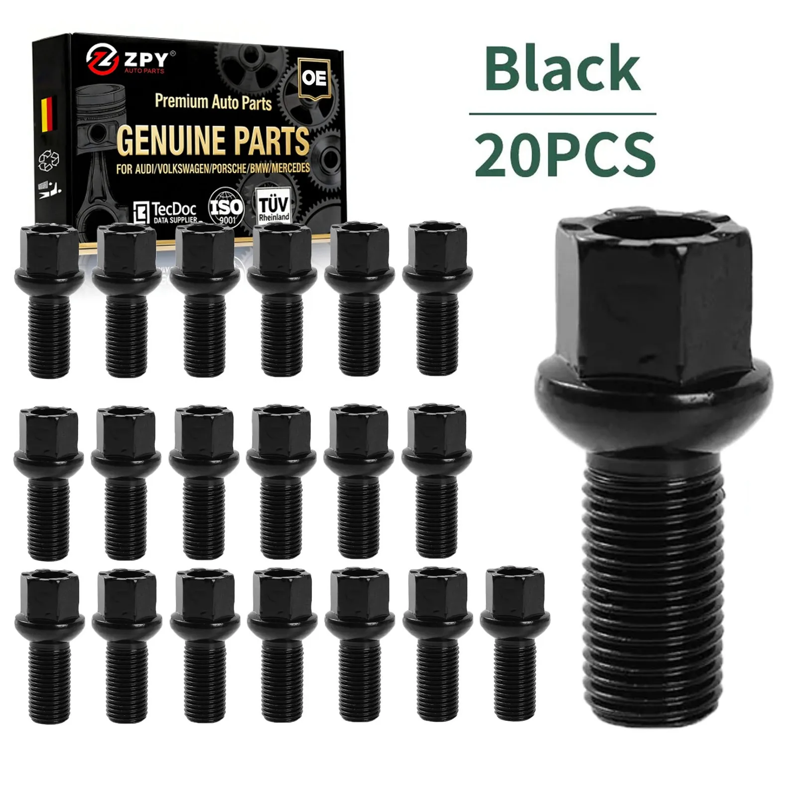 

20x FOR Volkswagen VW Alloy Wheel Bolts Stud Nuts M14x1.5 Radius 17mm Black