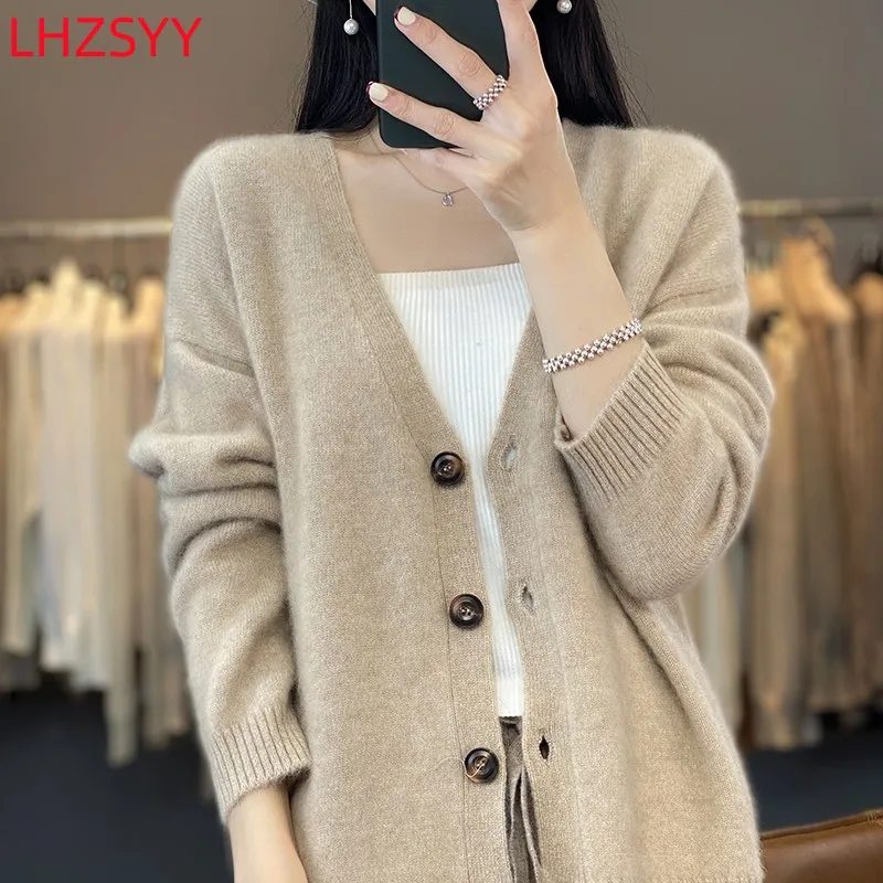 LHZSYY Women\'s New 100% Pure Wool Cardigan Autumn Long-Sleeved Coat V-neck Female Jacket Thick Sweaters Large size Knit Shirts