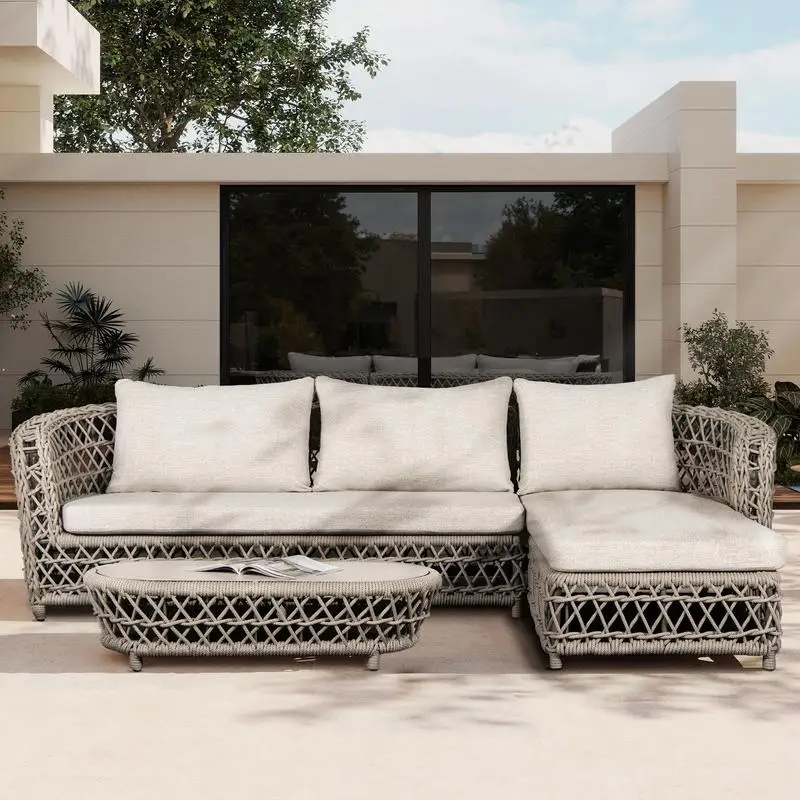 

Light Beige Oval Woven Patio Coffee Table 43.5" - Durable Olefin Material for Outdoor Use