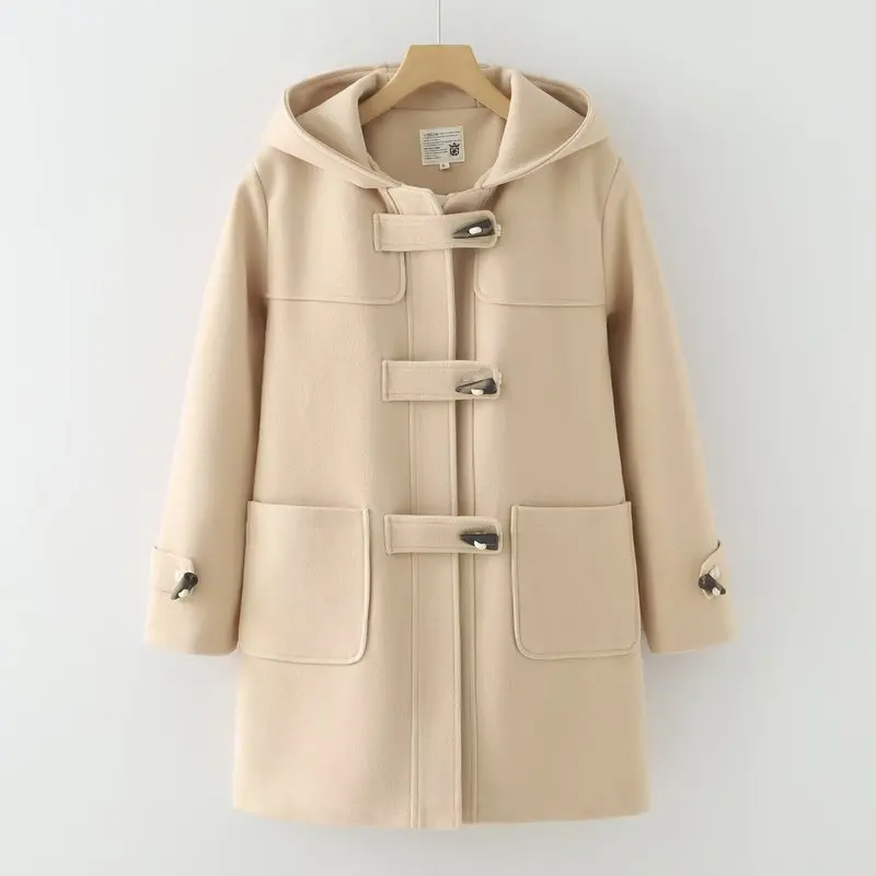 

Japanese Mori Girl Horn Buckle Long Hooded Woolen Coats Women Autumn Winter Long Sleeve Single Breasted Casual Loose Wool Coat