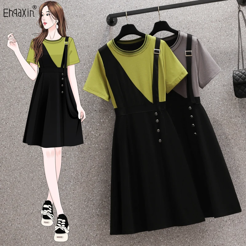 

EHQAXIN Women's Fashion Dress Casual 2023 Summer New Simple Spliced Contrast Strap Loose A-Line Short Sleeve Dresses M-4XL