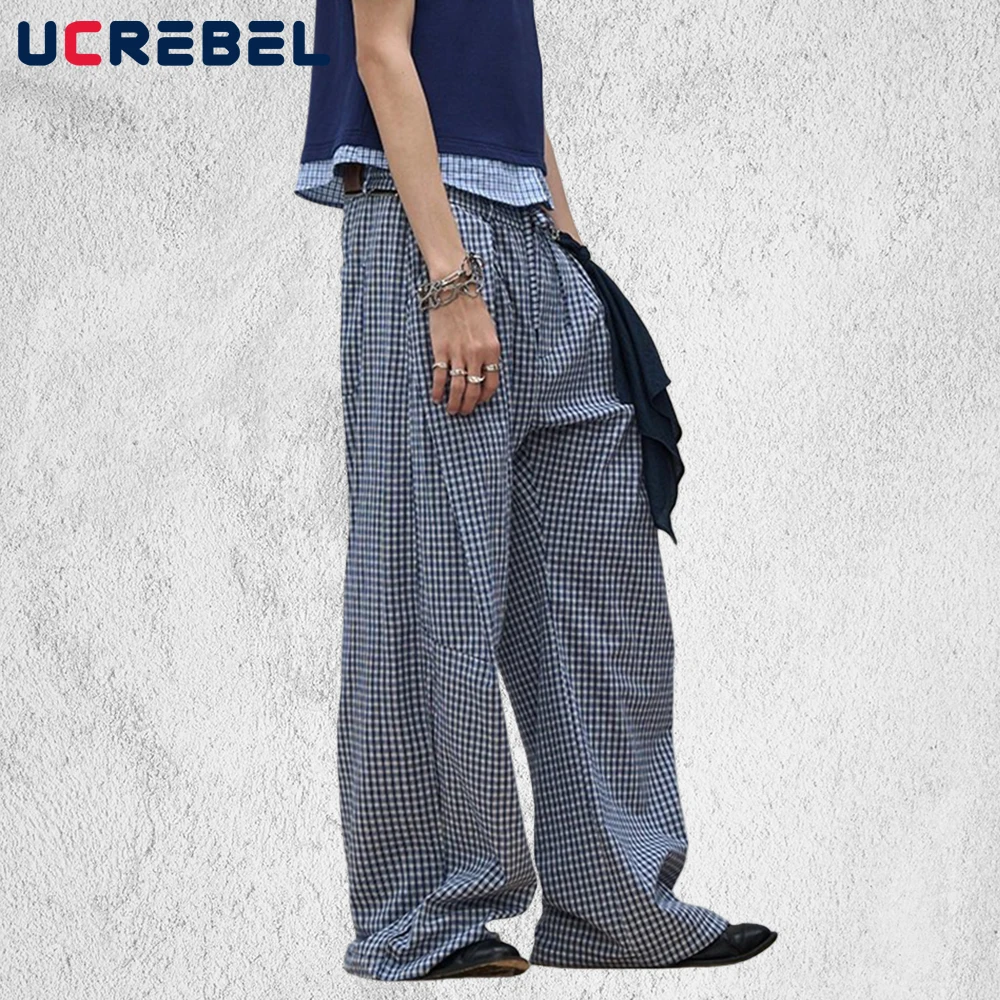 Plaid Casual Pants Mens Hip Hop Streetwear Straight Baggy Drawstring Elastic Waist Wide Leg Trousers Man