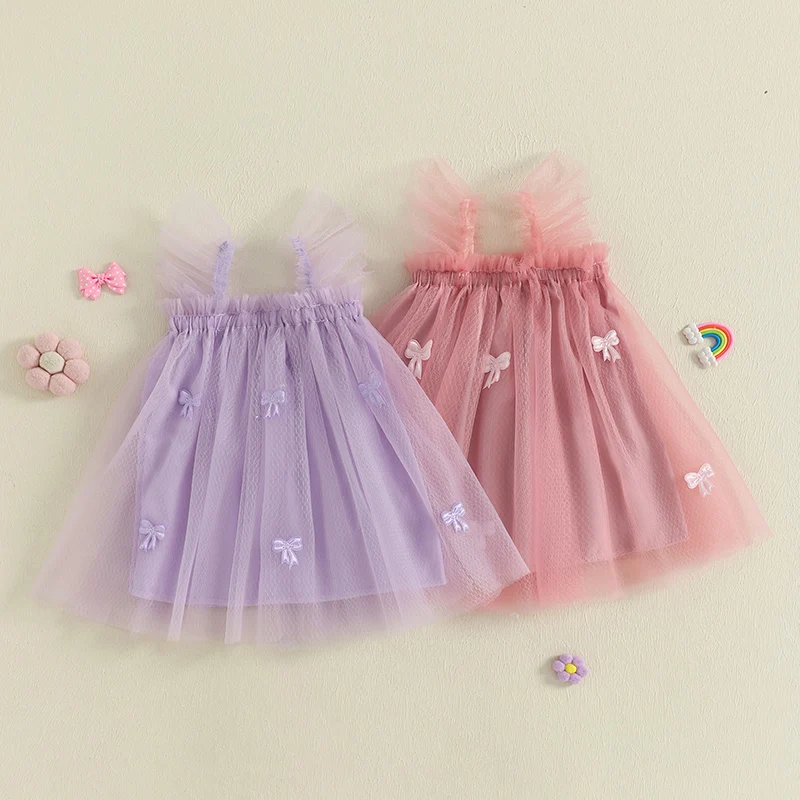 

Toddler Infant Girl Summer Sweet Tulle Princess Dress 3D Bow Decor Double Layered Sleeveless Suspender A Line Dress Clothes
