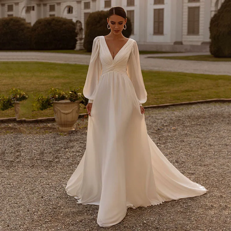 Boho Chiffon Long Sleeves A Line Wedding Dresses Custom Made Sweep Train vestidos de noiva modernos 2023