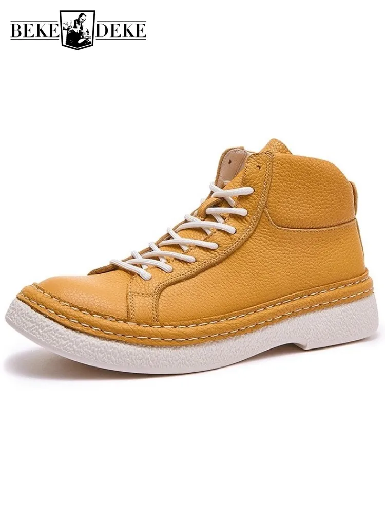 

Mens Casual Genuine Leather High Top Shoes Lace Up Autumn Winter High Street Platform Motorcycle Shoes Fashion Cargo Short Boots