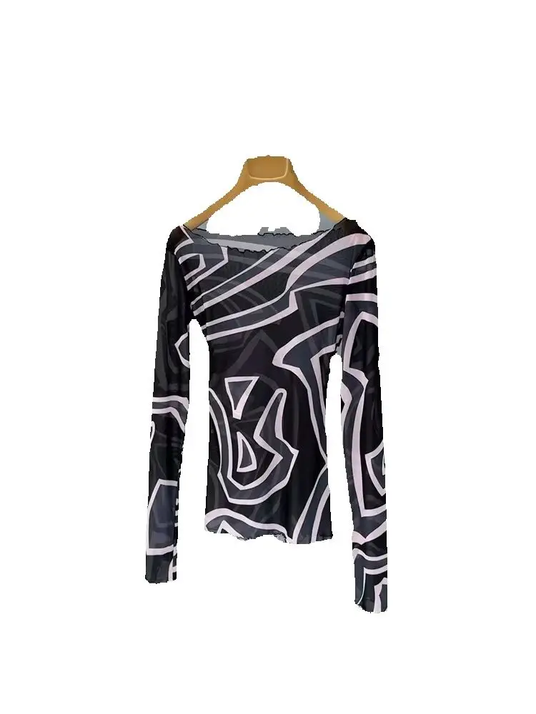 Summer Fashion Vintage Geometric Print Translucent Silk Blouses Women's Sexy One Word Collar Long Sleeve Slim Pullovers