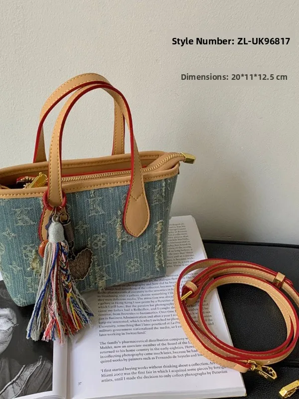 

Trendy Denim Basket Bag Women's Crossbody Shoulder Bag Casual Simple Style Soft Polyester Zipper Closure Daily Use