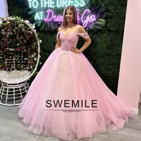SWEMILE A Line Party Gown Off Shoulder Prom Dress with Floral Lace Embroidery Wedding Evening Dress robes de soir&eacute;e Customized