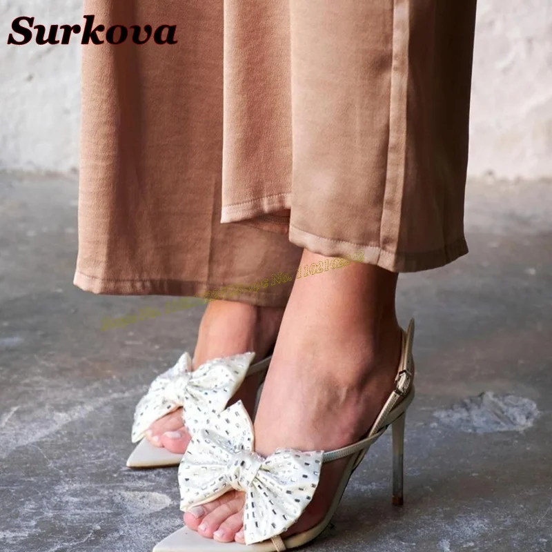 Bowknot Rhinestone Women'S Summer Sandals White Pointed Stiletto Buckle Strap Heel Sandals Fashionable Sexy Banquet Wedding Shoe