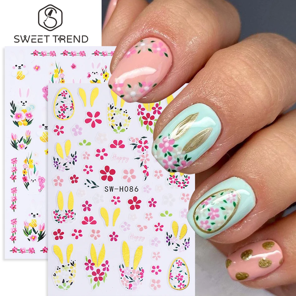 2 Stück niedliche Osterhasen-Nagelaufkleber, goldene Hasenohren, Blütenblätter-Design, selbstklebende Aufkleber, Frühling, Sommer, Maniküre-Dekoration