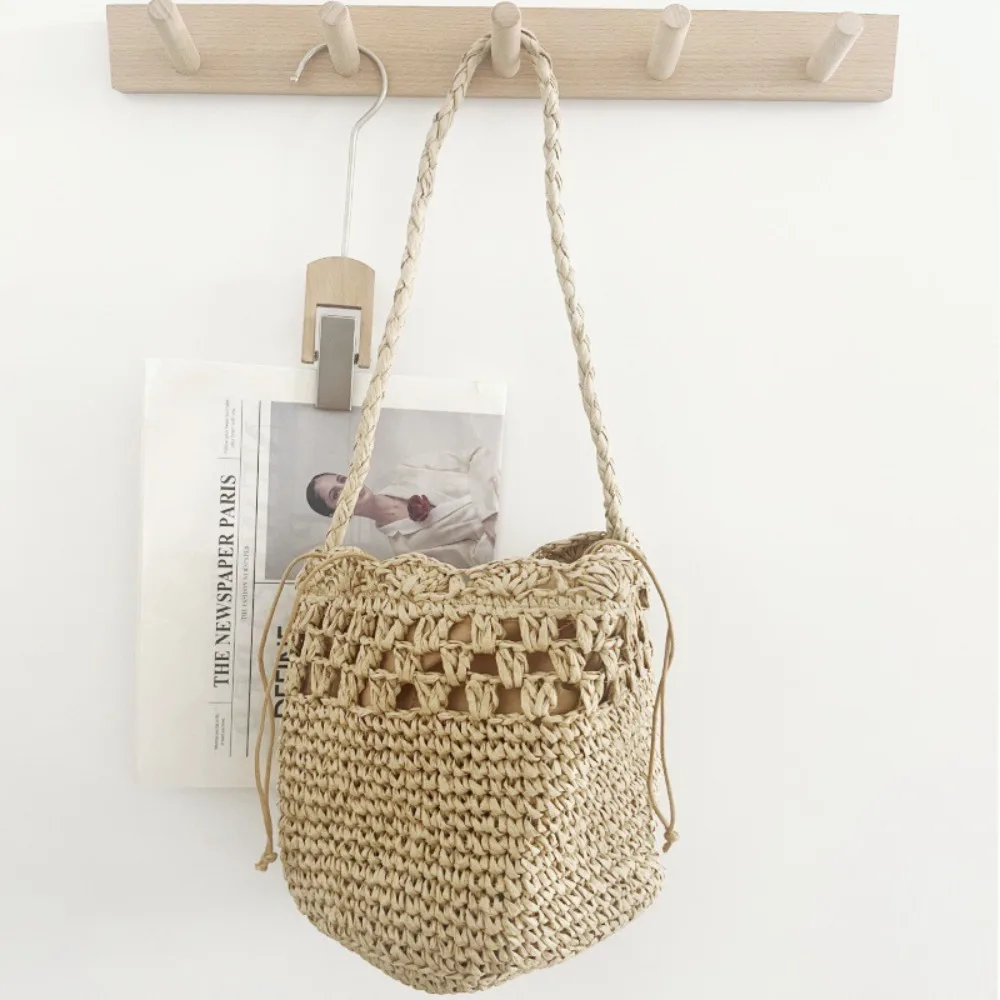 

Bohemian Woven Beach Bag Small Travel Bucket Bags for Women Hollow Knitting Handbags Straw Shoulder Bag Drawstring Shopper Tote