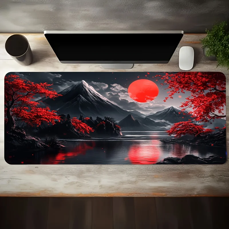 

1 Extra-Large Gaming Mouse Pad with Red Moon Landscape Design Non-Slip Rubber Base Long Keyboard Mats Washable Office Accessory