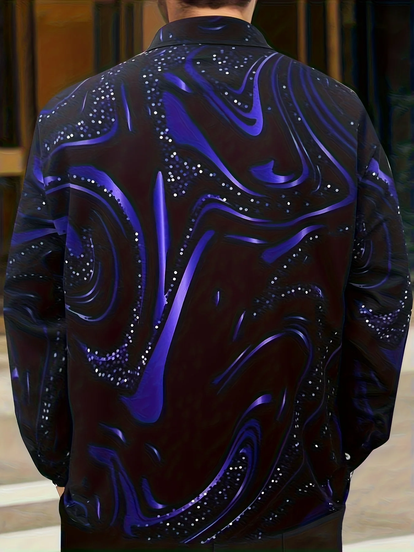 Men Long Sleeve Button Down Shirt Black Purple Swirl Glitter Marble Print Polyester Lapel Collar Nightclub Party