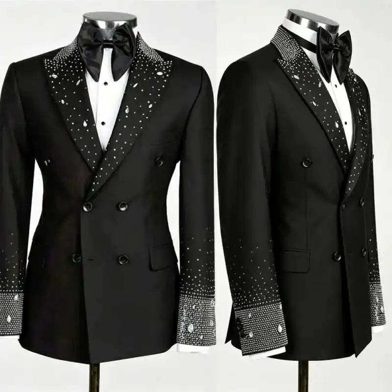Men Suits Peaked Lapel Sparkly 2 Piecess Beaded Crystals Double Breasted Wedding Groom Tuxedos Customized Trajes Para Hombre