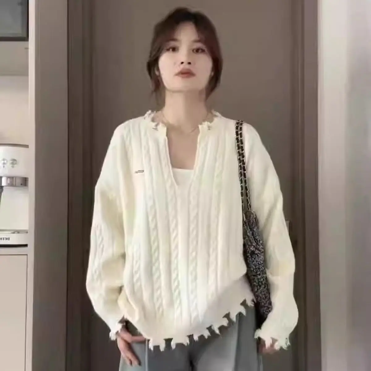 Korean White V-neck Long Sleeved Sweater with Torn Holes and Rough Edges Female Design Sense Niche Gentle and Lazy Style Top