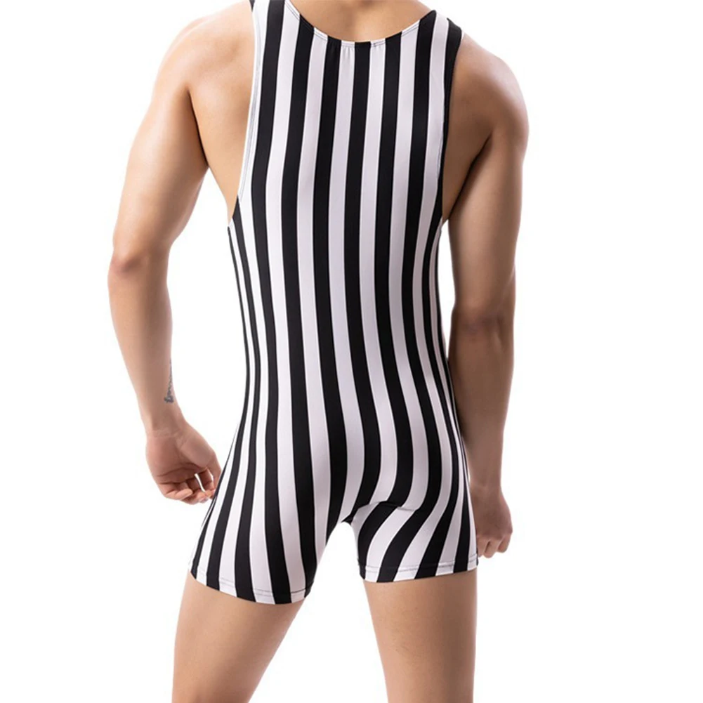 Mens O Neck Boxers Underwear Jumpsuits Vertical Striped Sleeveless Fitness Bodysuit Tights Sleepwear Male Lingerie Hombre