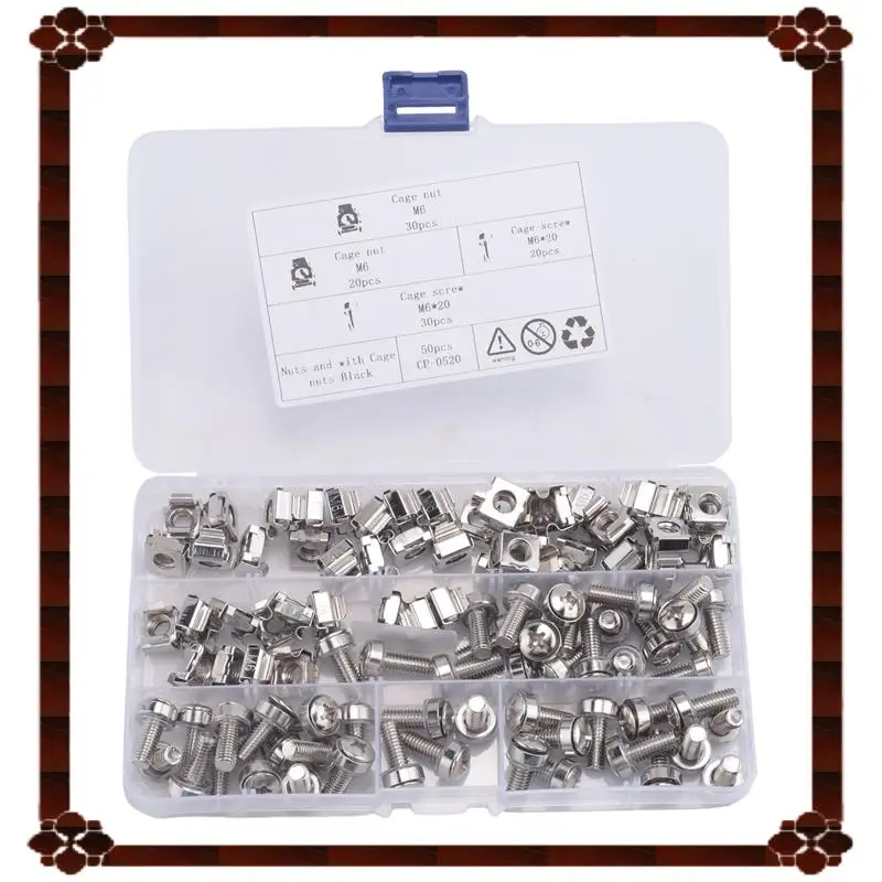 تسليم 24 ساعة 50 مجموعة M6 ثقب مربع الأجهزة قفص المكسرات ومسامير التثبيت غسالات لرف الخادم والخزانة (M6 X 20 مم) (المسمار +
