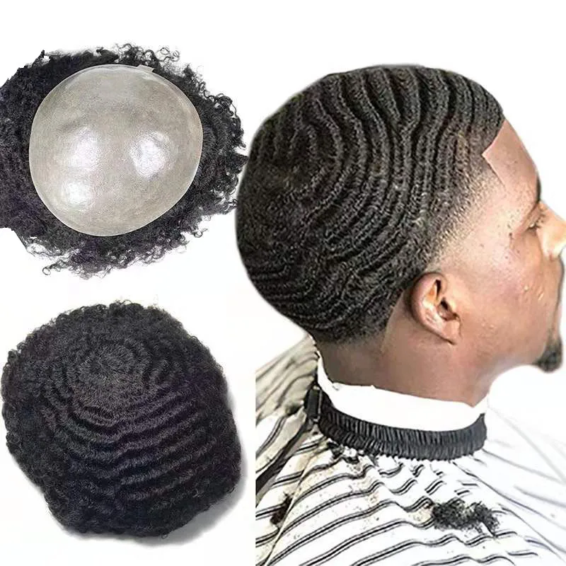 Wholesale Afro Toupee 6mm Weave Hair Unit Black Kinky Curly Male Pu Skin Toupee For Black Men Hair Wigs