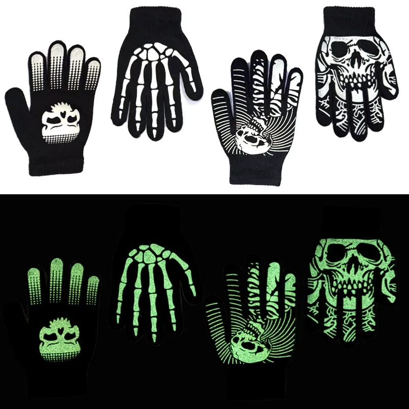 

Glow The Dark Skeleton Gloves Halloween Party Performance Windproof Thermal Cycling Gloves Non Slip Grip Winter Warm Unisex