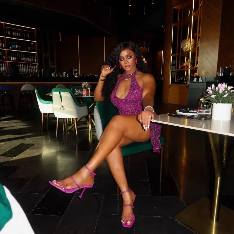 Hlj sexy strass retalhos bodycon mini vestido mulher verão novo halter sem costas vestidos femininos festa clubwear vestidos 2025