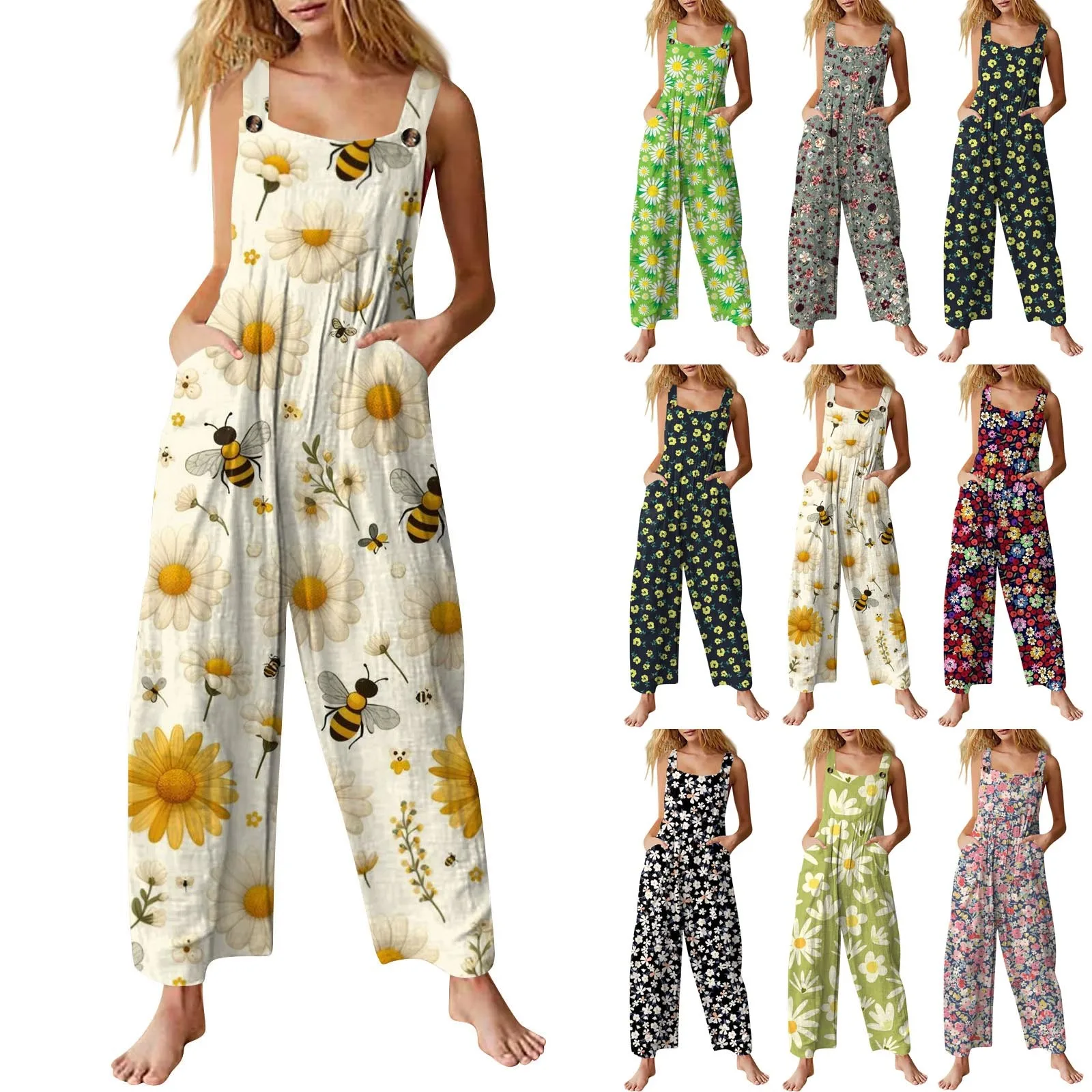 Women Jumpsuit Floral Print Wide Leg Beach Jumpsuit Vintage Temperament Loose-fitting Summer Jumpsuit For Holiday