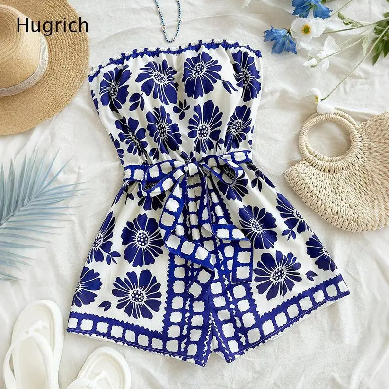 

Women's Floral Print Tube Romper with Front Knot Detail and Wide Leg Shorts for Summer Beach Vacation Casual Wear