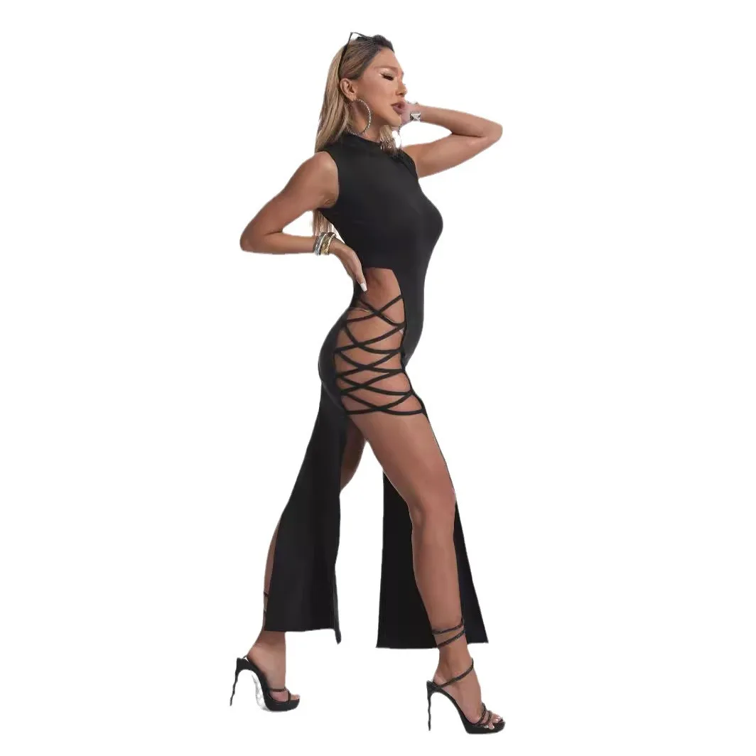 Criss Cross Cut Out Dress, Sexy Bodycon Mock Neck Sleeveless Dress, Women's Clothing