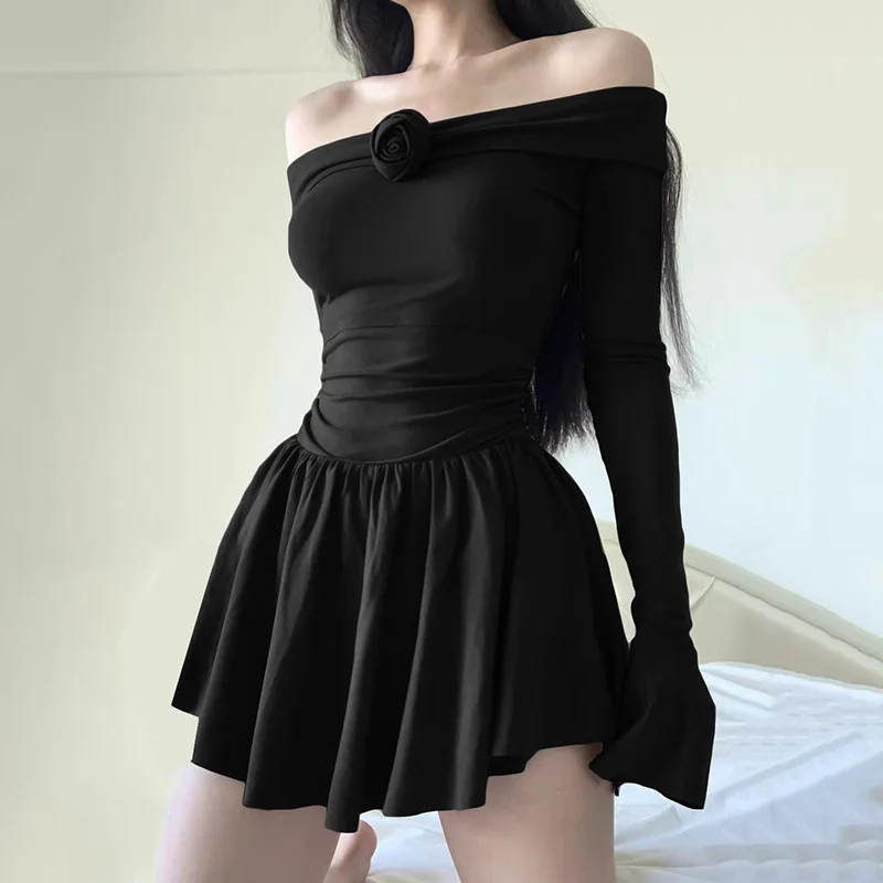 

Women 2025 Sexy Bodycon Party Dresses Autumn Y2K 3D Flower Off Shoulder Pleated Dress Elegant Long Sleeve Slash Neck Mini Dress