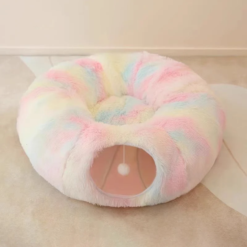 

Плюшевая кровать для кошек с туннелем для домашних кошек Многофункциональная туннельная кровать для кошек с глазком Пушистый пончик Кровать для кошек с туннелем