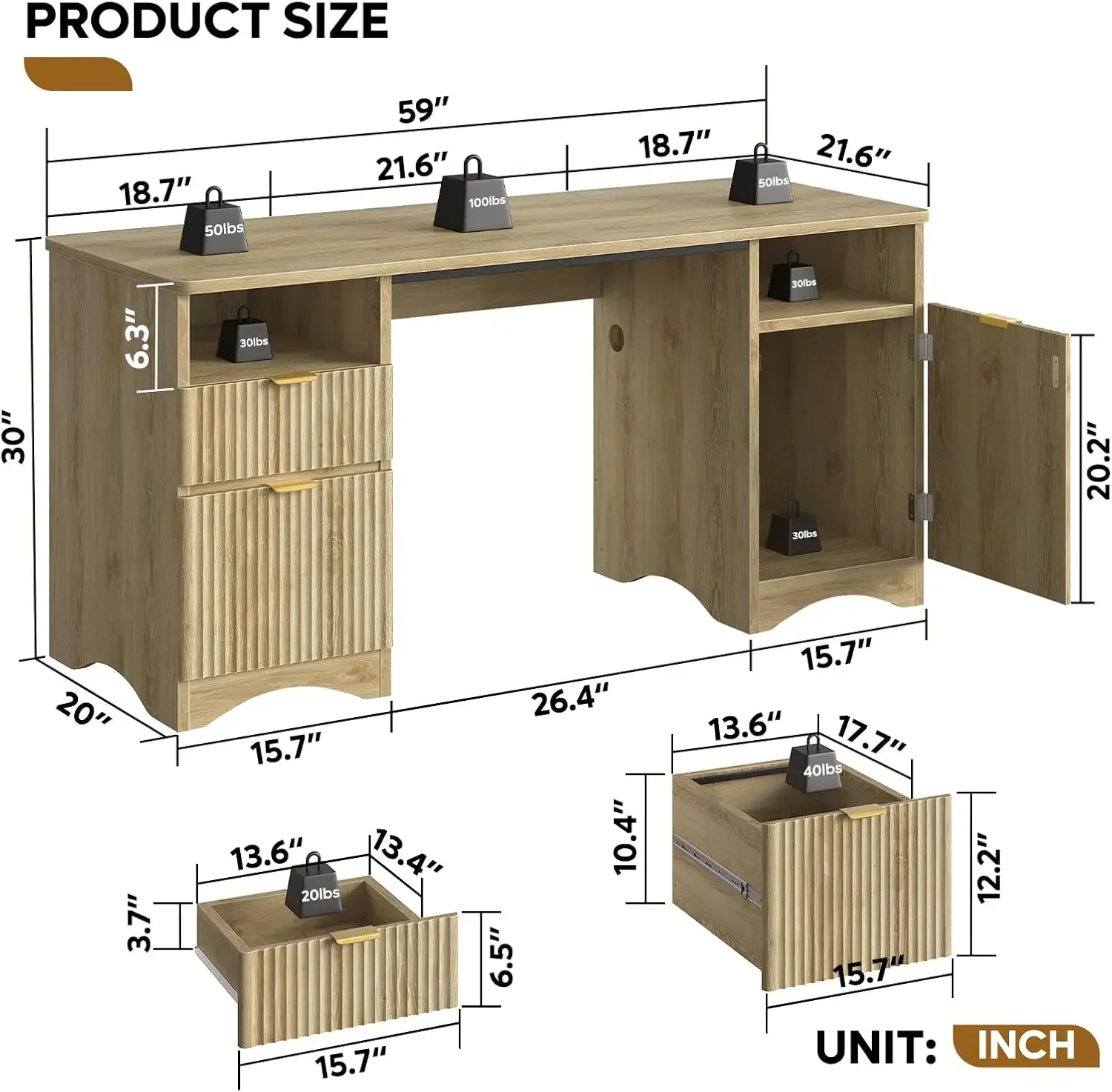 59 inch Computer Desk with 2 Drawers, Office Desk with Storage File Cabinet and 2 Open Storage Shelves, Modern Fluted Executive