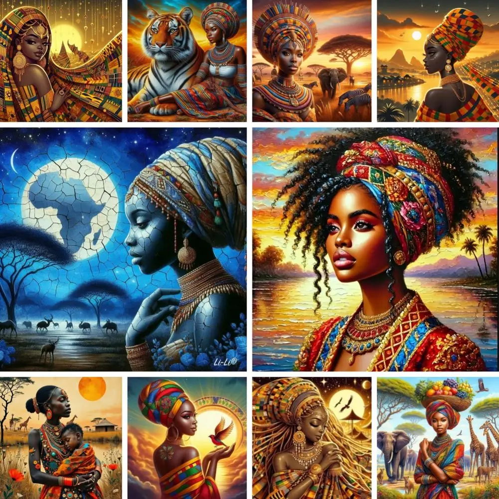 DIY Diamond Painting Powerful African Woman Full Square Drill Cross Stitch Kit Traditional Headwrap Rhinestone Mosaic Art Gift