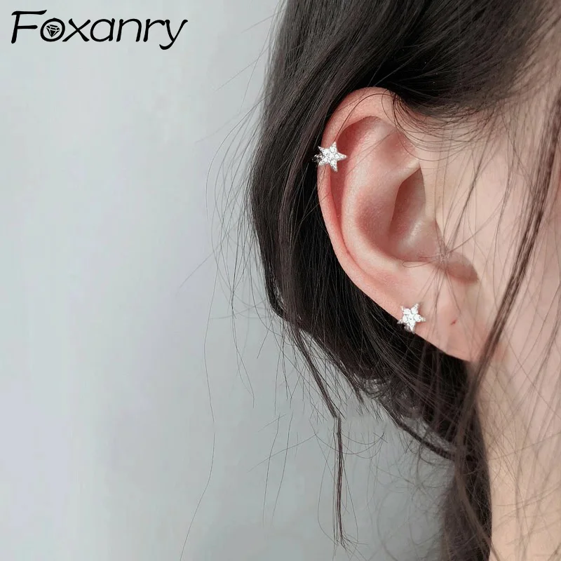 Foxanry Sparkling Zircon Star Hoop Earrings For Women Girls Exquisite Simple Temperament Trendy Sweet Wedding Bride Jewelry Gift