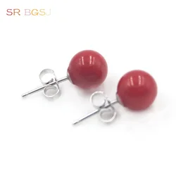 8mm High Quality Round Red Genuine Natural Sea Bamboo Coral Women Jewelry Nice Stud Earrings